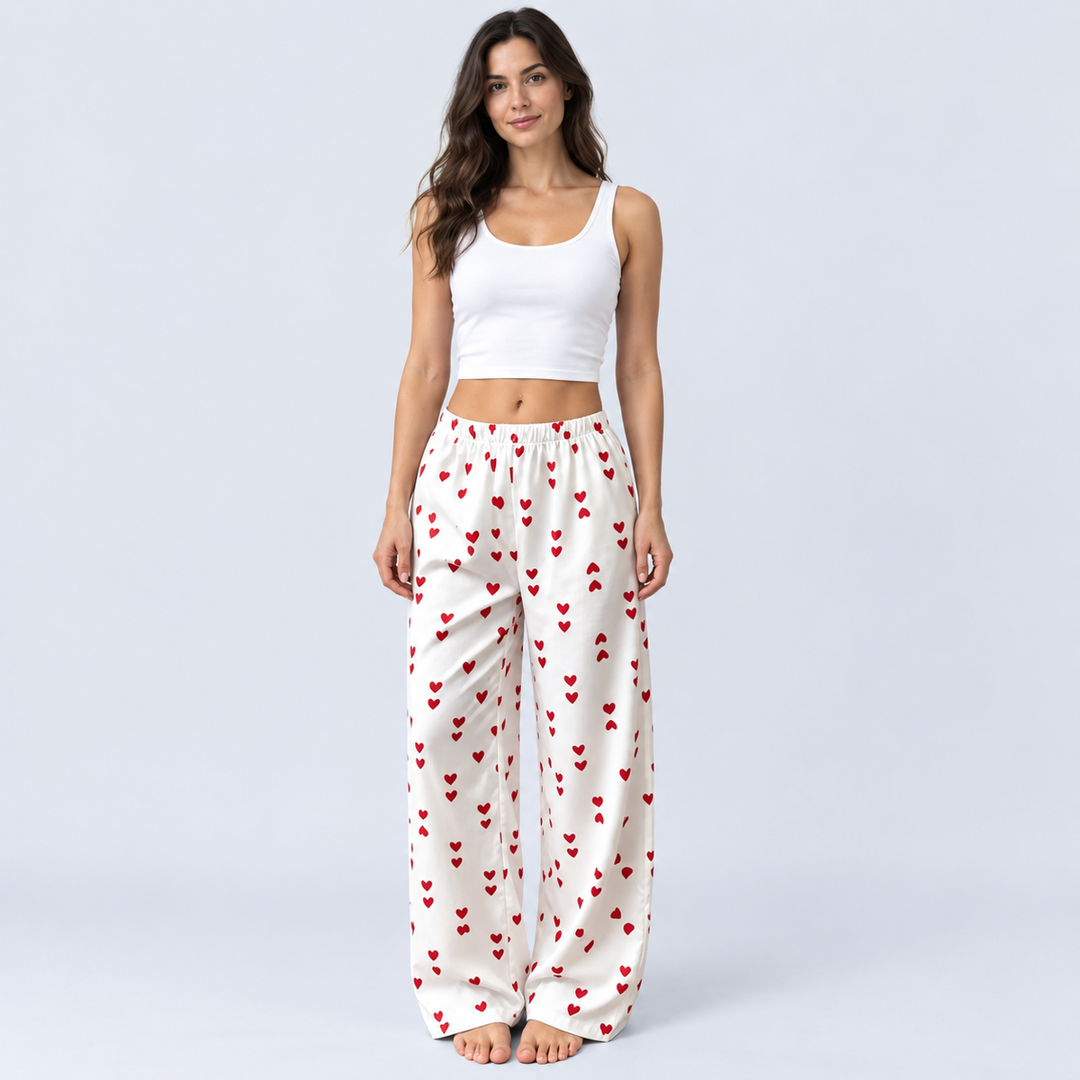 Pantalon de pyjama femme satiné à cœurs rouges