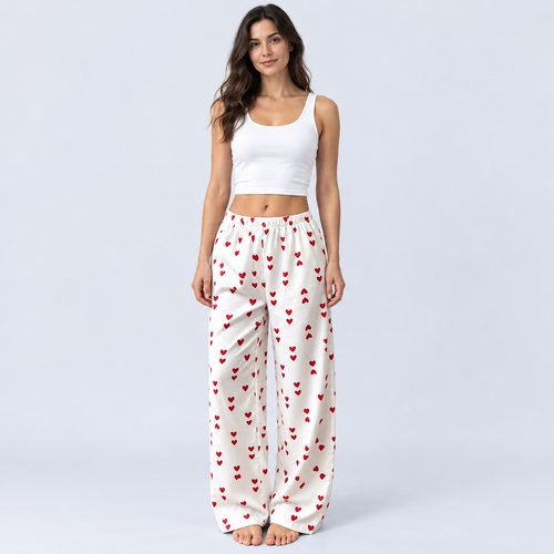 Pantalon de pyjama femme satiné à cœurs rouges