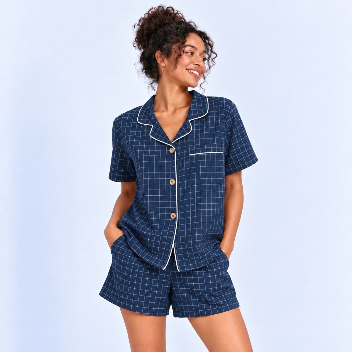 Pyjama short femme en coton à petits carreaux