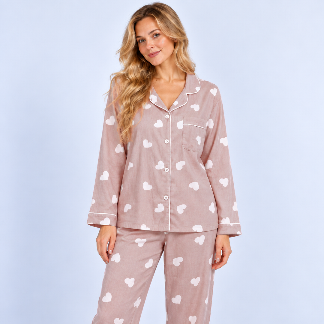 Pyjama long femme en coton à grands cœurs
