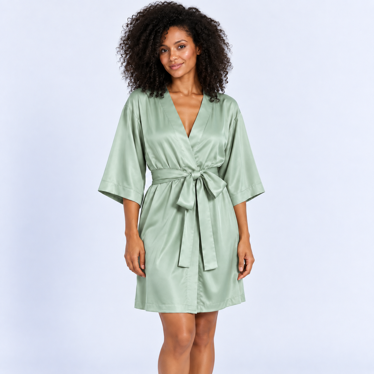 Peignoir satiné femme à nouer, manches trois-quarts