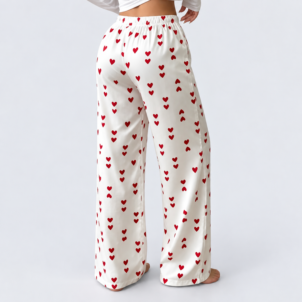 Pantalon de pyjama femme satiné à cœurs rouges