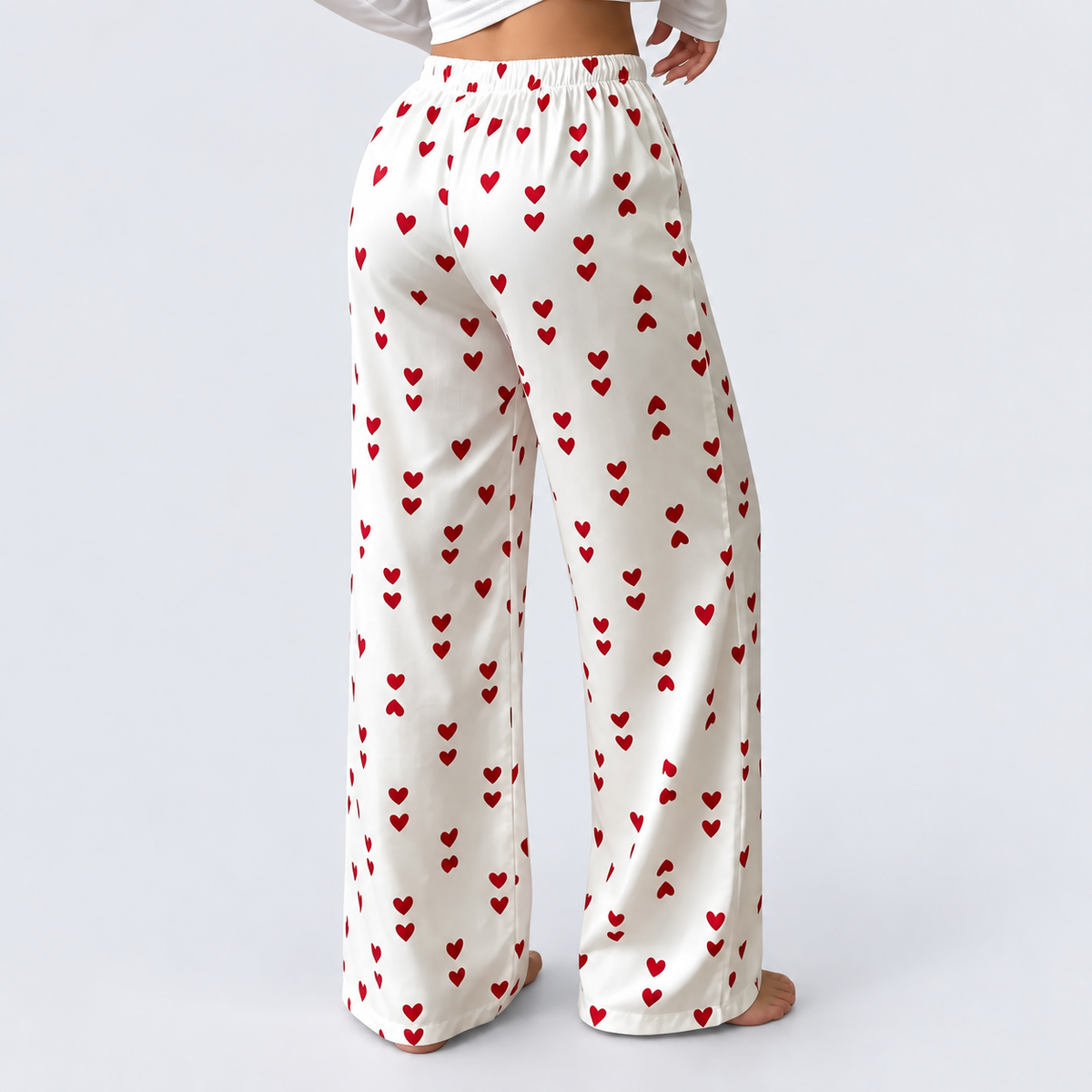 Pantalon de pyjama femme satiné à cœurs rouges