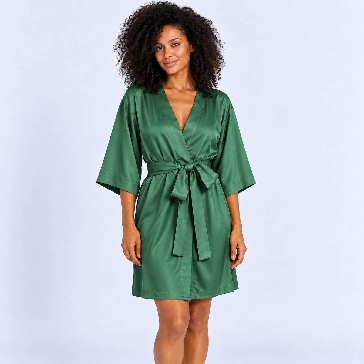 Peignoir satiné femme à nouer, manches trois-quarts